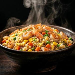 Stegte ris med rejer og krabbekød