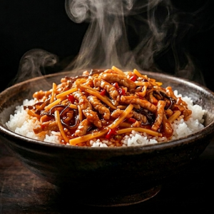 Fiskeduftende Svinekød Ris Bowl