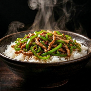 Svinekød med Grøn Peber  Ris Bowl