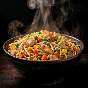 Stegte nudler med kylling